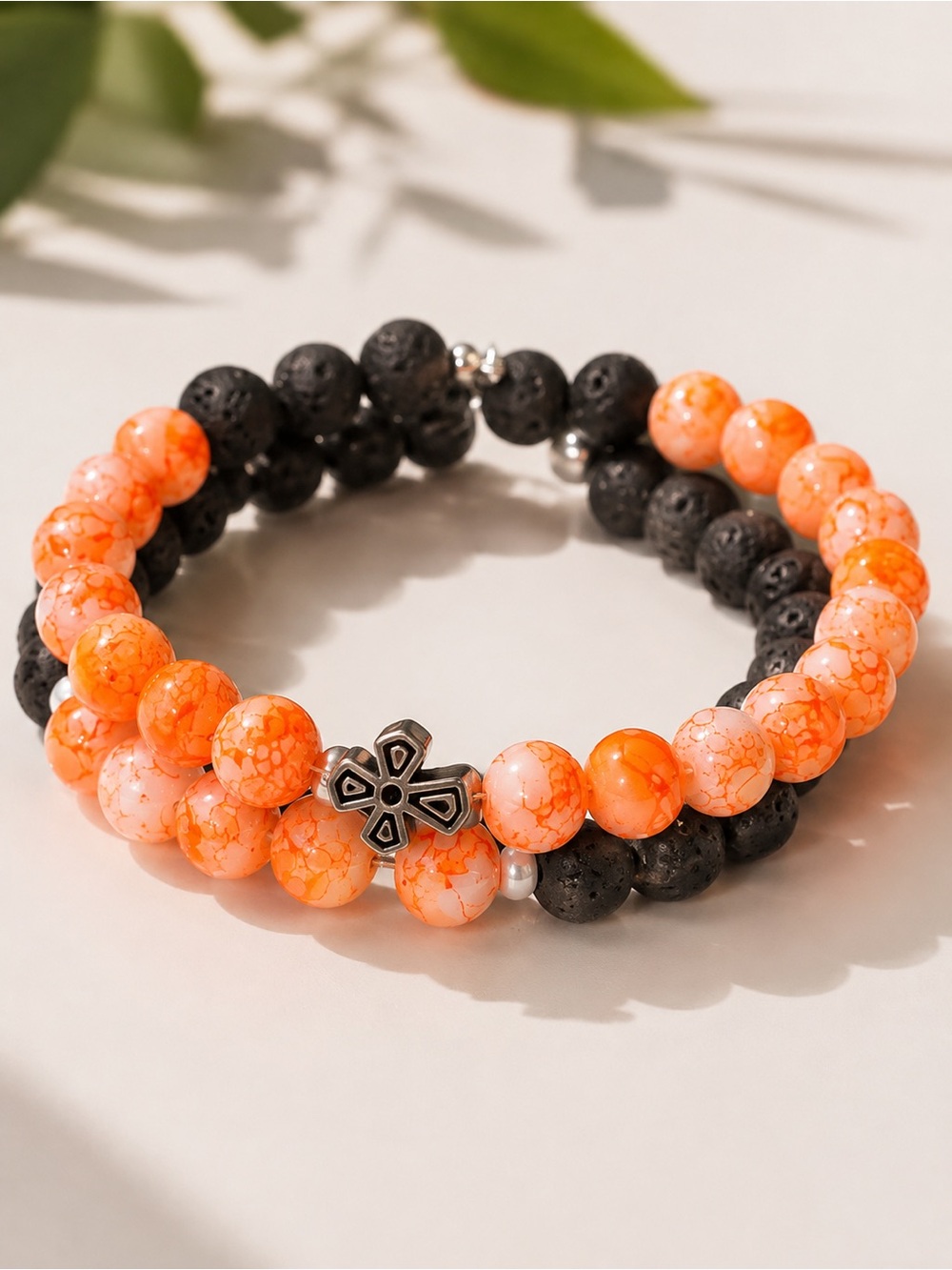 Elegant Black and Orange Beaded Bracelet Set